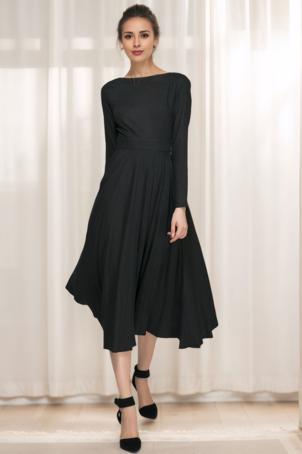 Classic Black Linen Midi Dress 5601