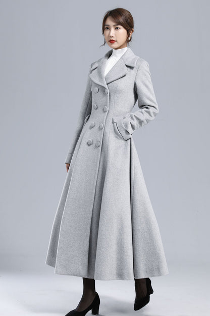 Light Gray Wool Coat – Elegant Double-Breasted Fit and Flare Winter Overcoat 3236