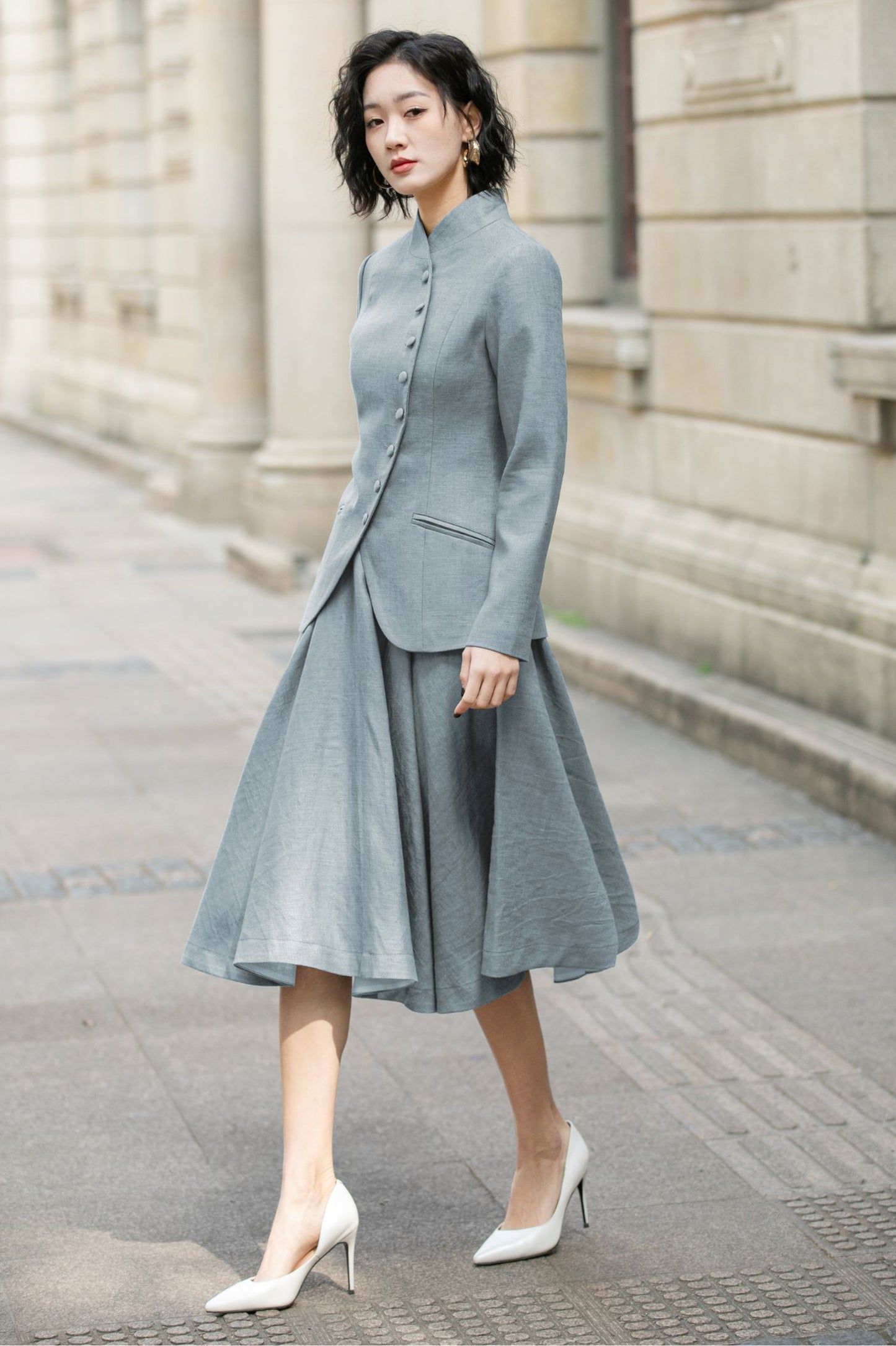 Linen Short Jacket – Button Closure with Lapel Collar and Side Pockets for Spring & Autumn 6709