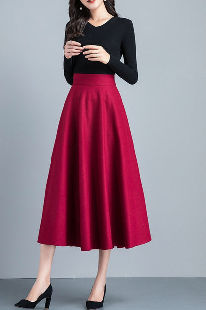 Handmade Wool Midi Skirt – Vintage A-Line High Waist with Pockets 6212