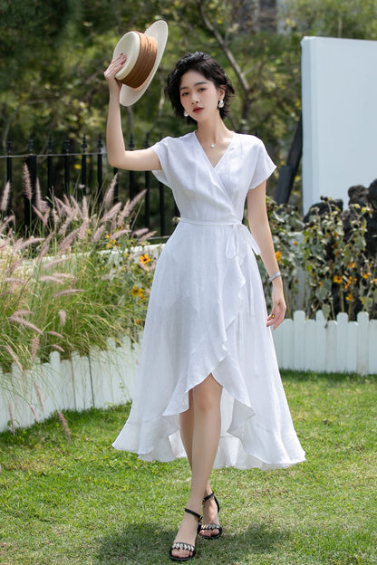 White Linen Wrap Dress - V-Neck Ruffle Hem | Xiaolizi 6743