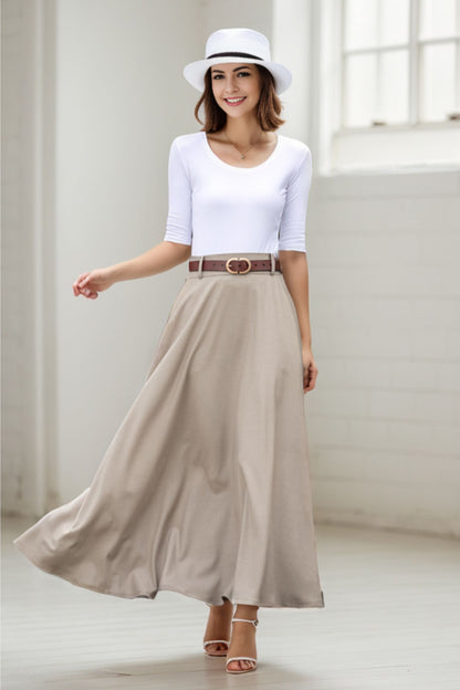 Khaki Cotton Linen Maxi Skirt – Vintage High Waist Long Skirt with Pockets 2783