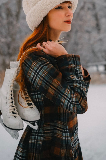 Rust Brown & Forest Green Plaid Wool Coat – Vintage Fit and Flare Winter Overcoat 4839