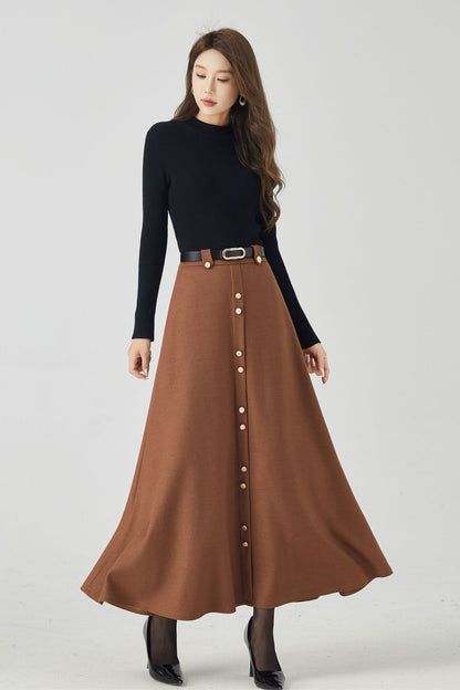 A line maxi brown winter wool skirt 4533