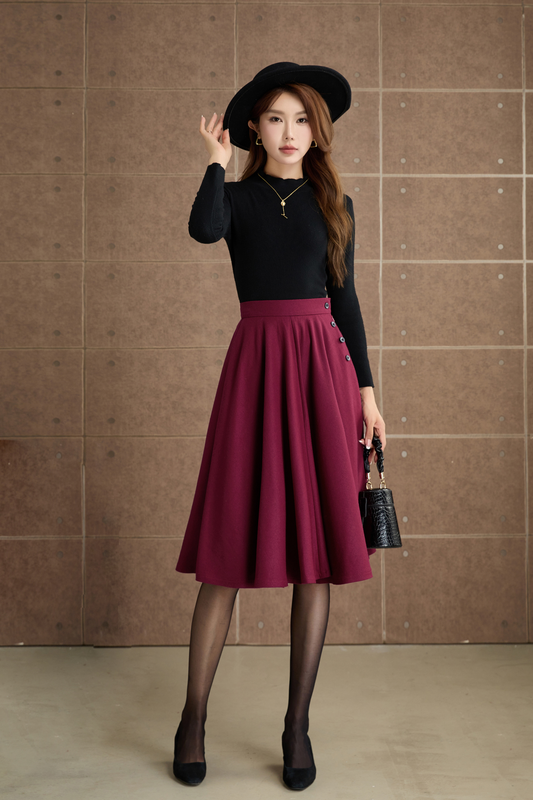 Burgundy knee length swing wool skirt 5362