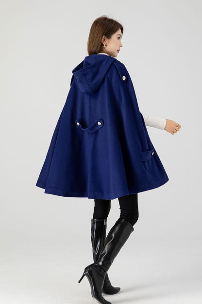 Handmade Blue Wool Cape Coat – Hooded Double-Breasted Winter Overcoat | Xiaolizi 4601