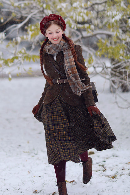 Brown Plaid Wool Midi Skirt – Vintage High Waist Circle Skirt with Pockets 4781
