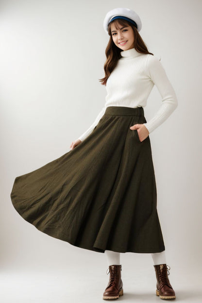 Army Green Wool Midi Skirt - Fit and Flare with Pockets 5186