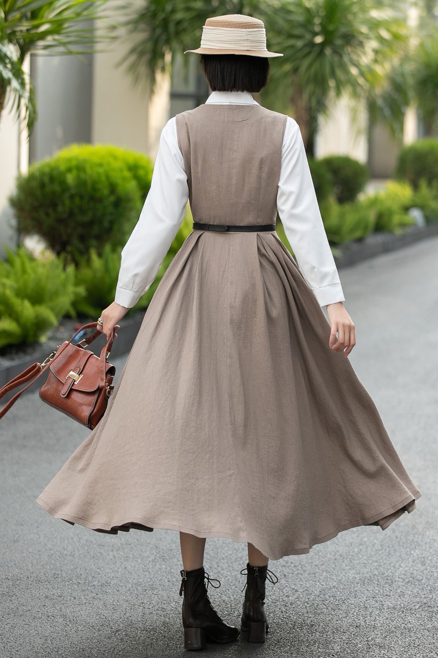 Handmade Linen Cotton Pinafore Midi Dress – Vintage Sleeveless Layering Dress 6657