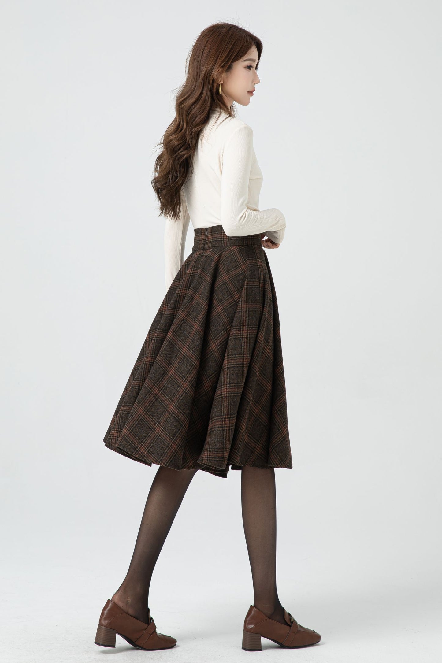 Handmade Knee length plaid winter wool skirt 5323