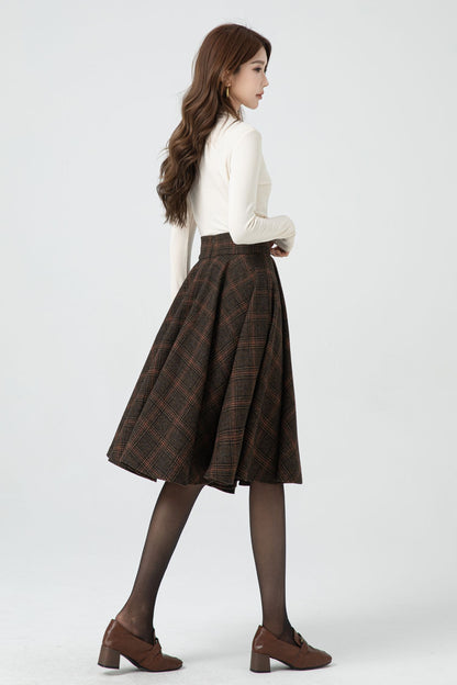 Brown Plaid Wool Midi Skirt – Vintage High Waist Pleated Circle Skirt 5323