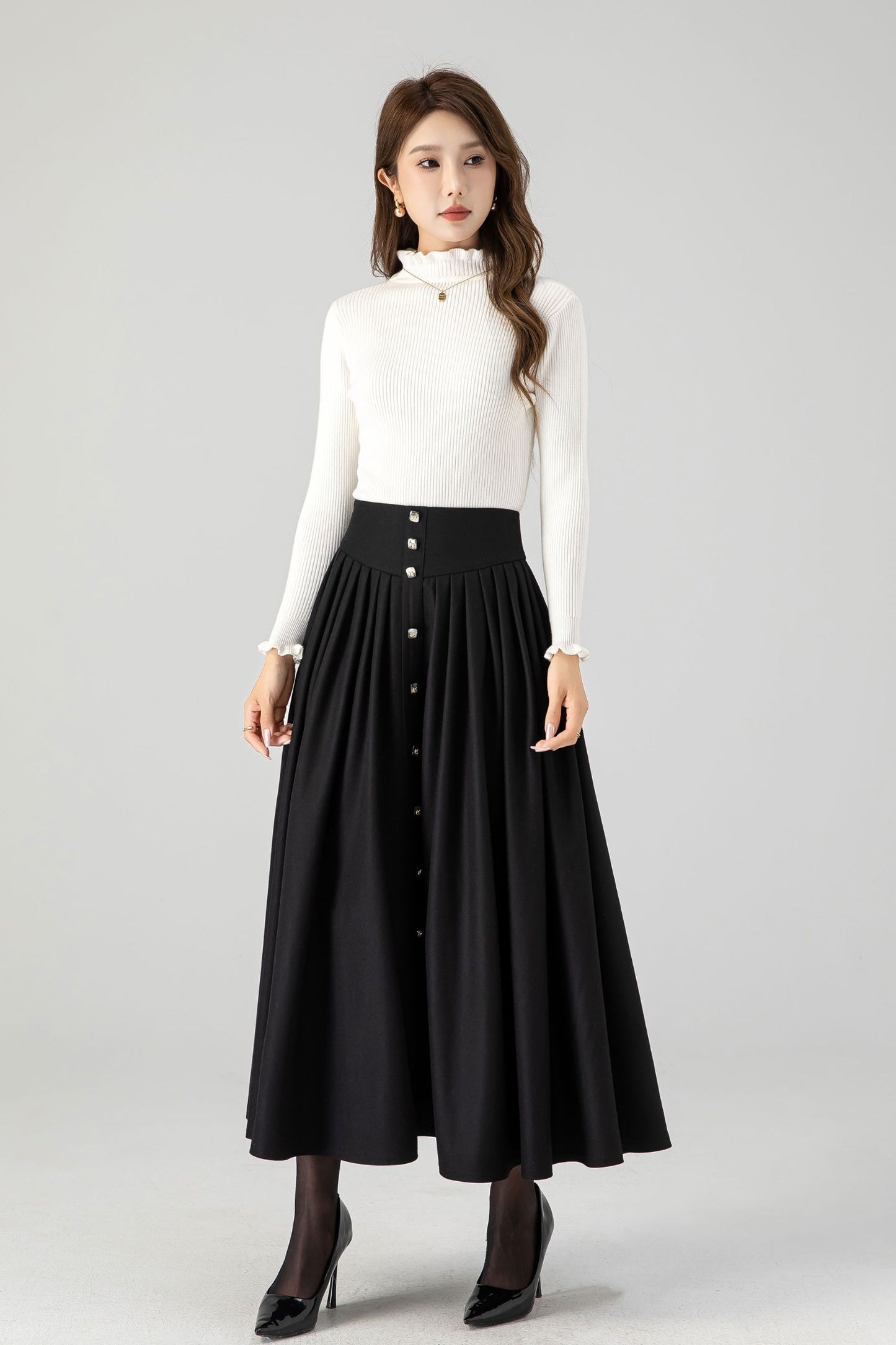 Swing black long pleated wool skirt 4611