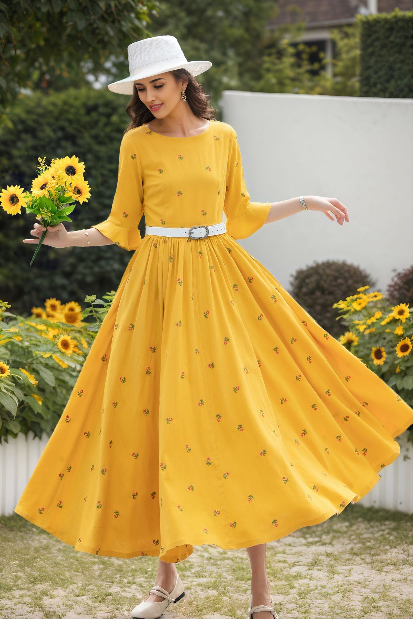 Yellow Linen Dress - Floral 3/4 Sleeve | Xiaolizi 6720