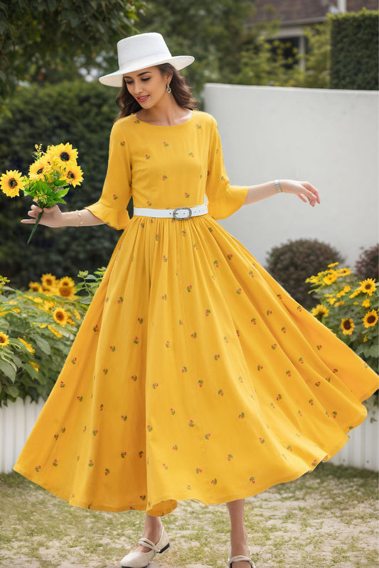 Yellow Linen Dress - Floral 3/4 Sleeve | Xiaolizi 6720