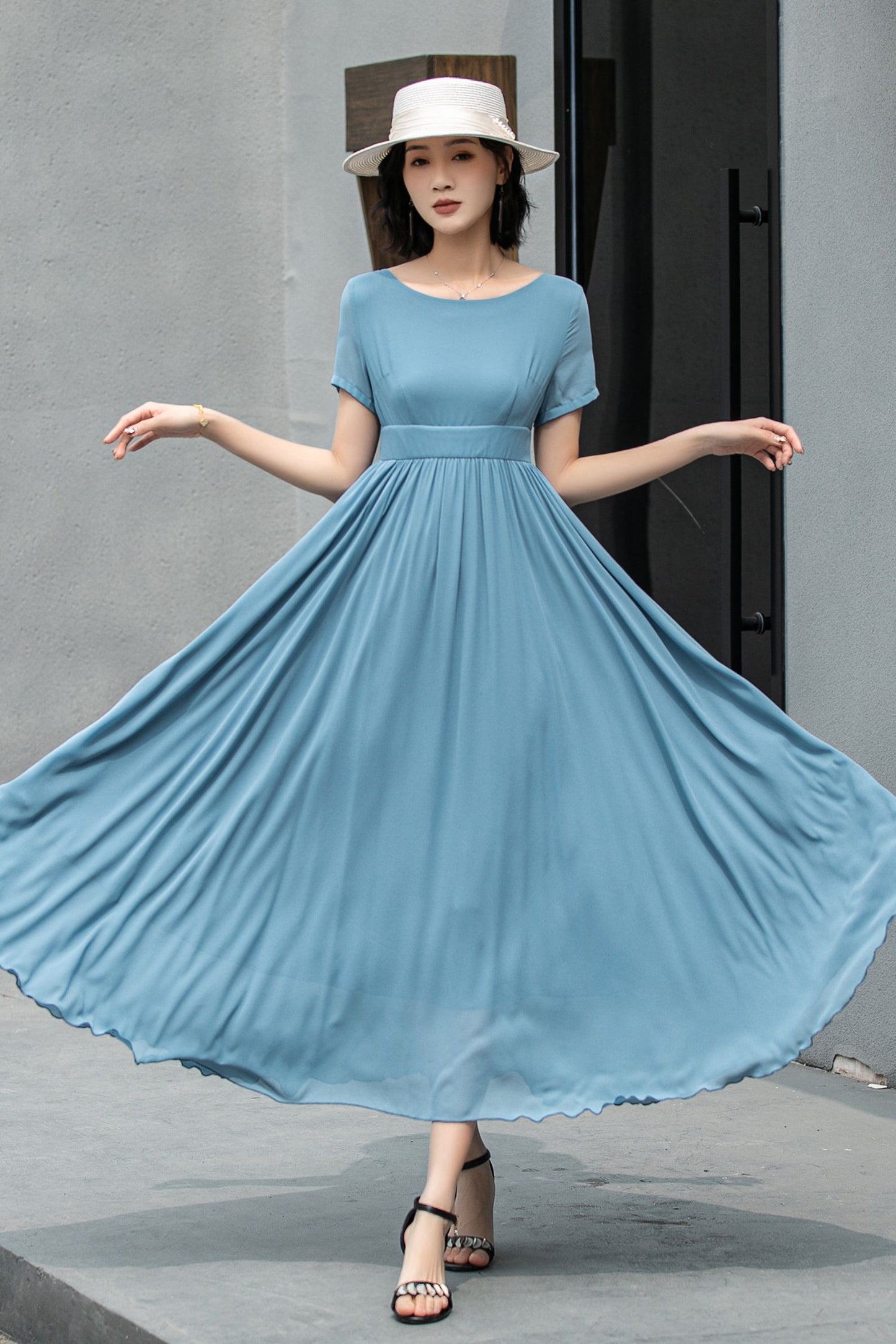 Hight waist Blue chiffon maxi dress 5862