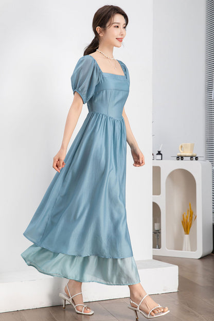 Light Blue Terylene Midi Dress - Square Neckline & Puff Sleeves 4244