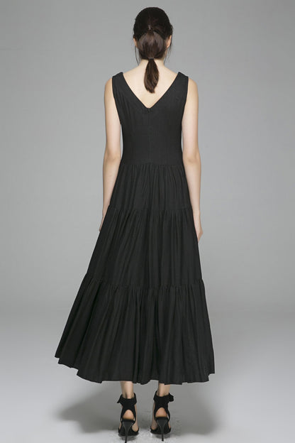 Black Linen Maxi Dress - Sleeveless V-Neck Formal | Xiaolizi 1404