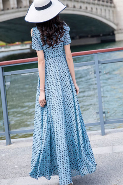 Blue polka dot long chiffon prom dresses 5026
