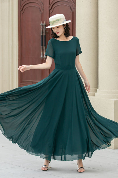 Fit and flare green summer chiffon dresses 5144