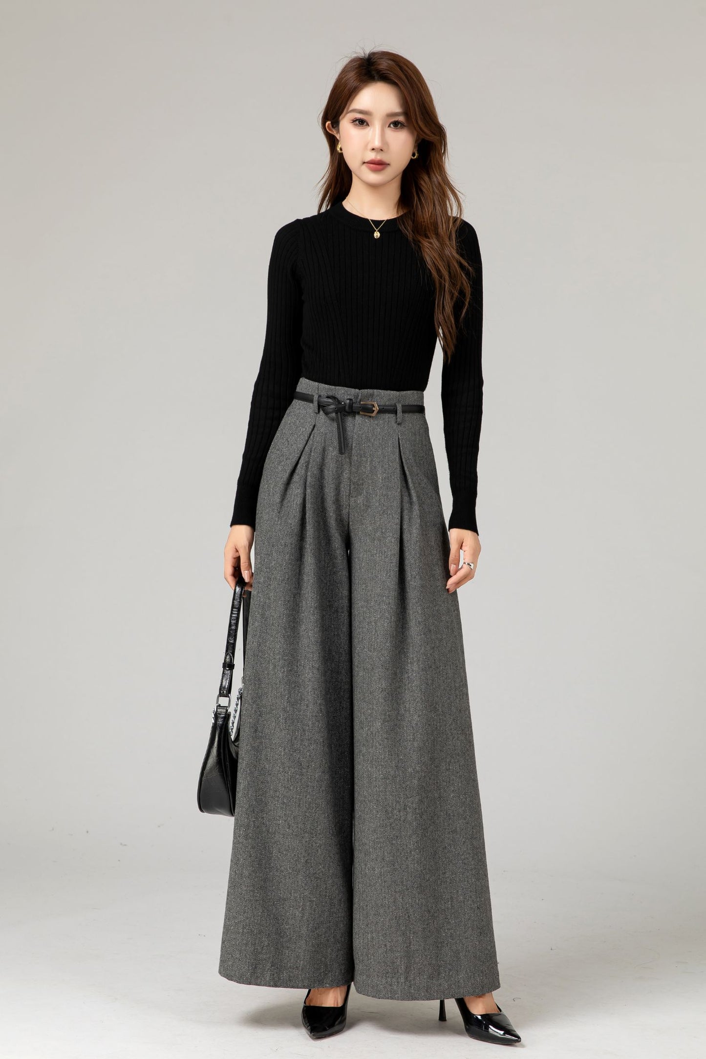 Gray wide leg long wool pants women 5482