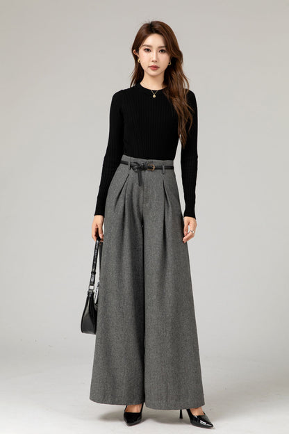 Gray Wool Wide-Leg Pants - High Waist Fitted | Xiaolizi 5482