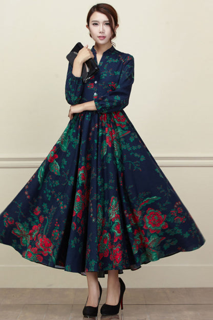Floral Linen Midi Shirt Dress - Button Front Pockets | Xiaolizi 3419