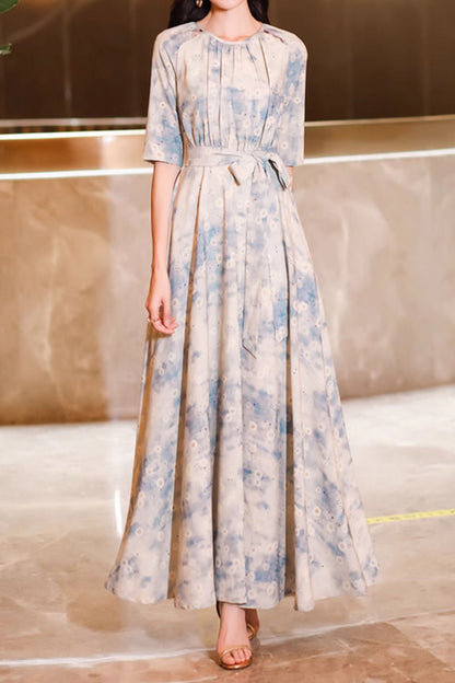 Beige Polyester Maxi Dress - Vintage Inspired Tie Belt 5050