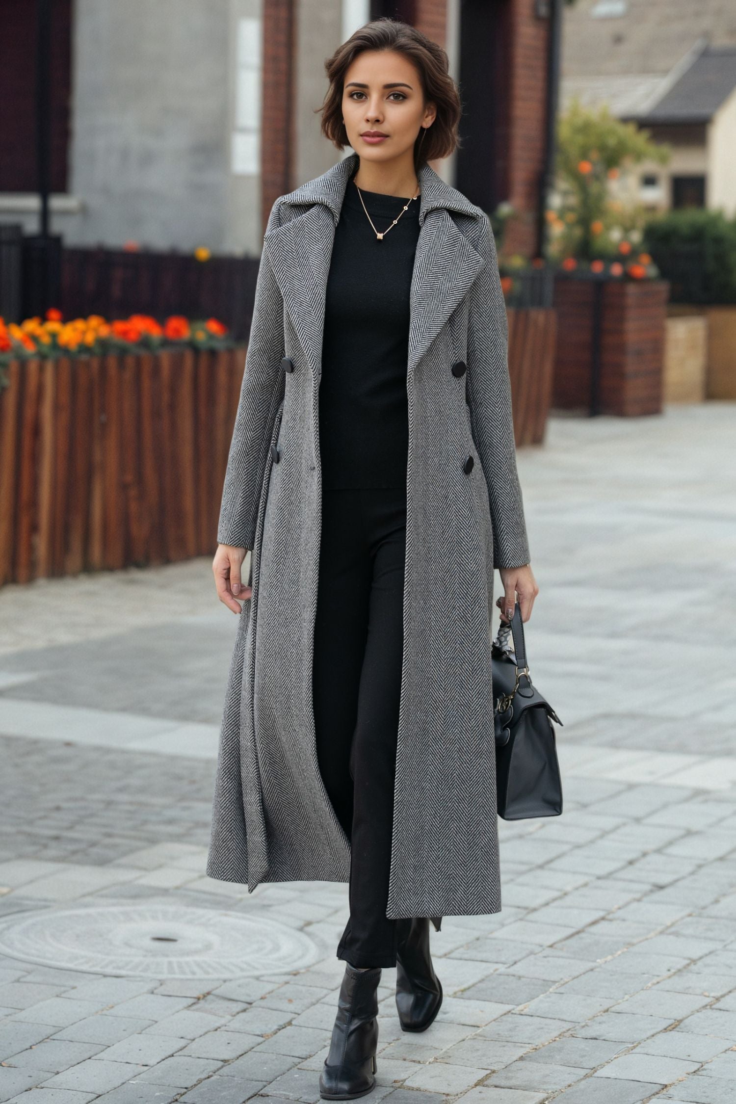 Gray Wool Long Trench Coat with Tie Waist