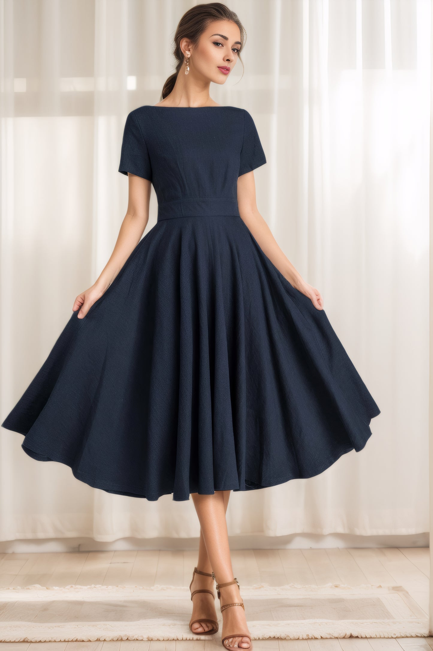 Navy Linen Cotton Swing Dress - Boat Neck Midi | Xiaolizi 2342