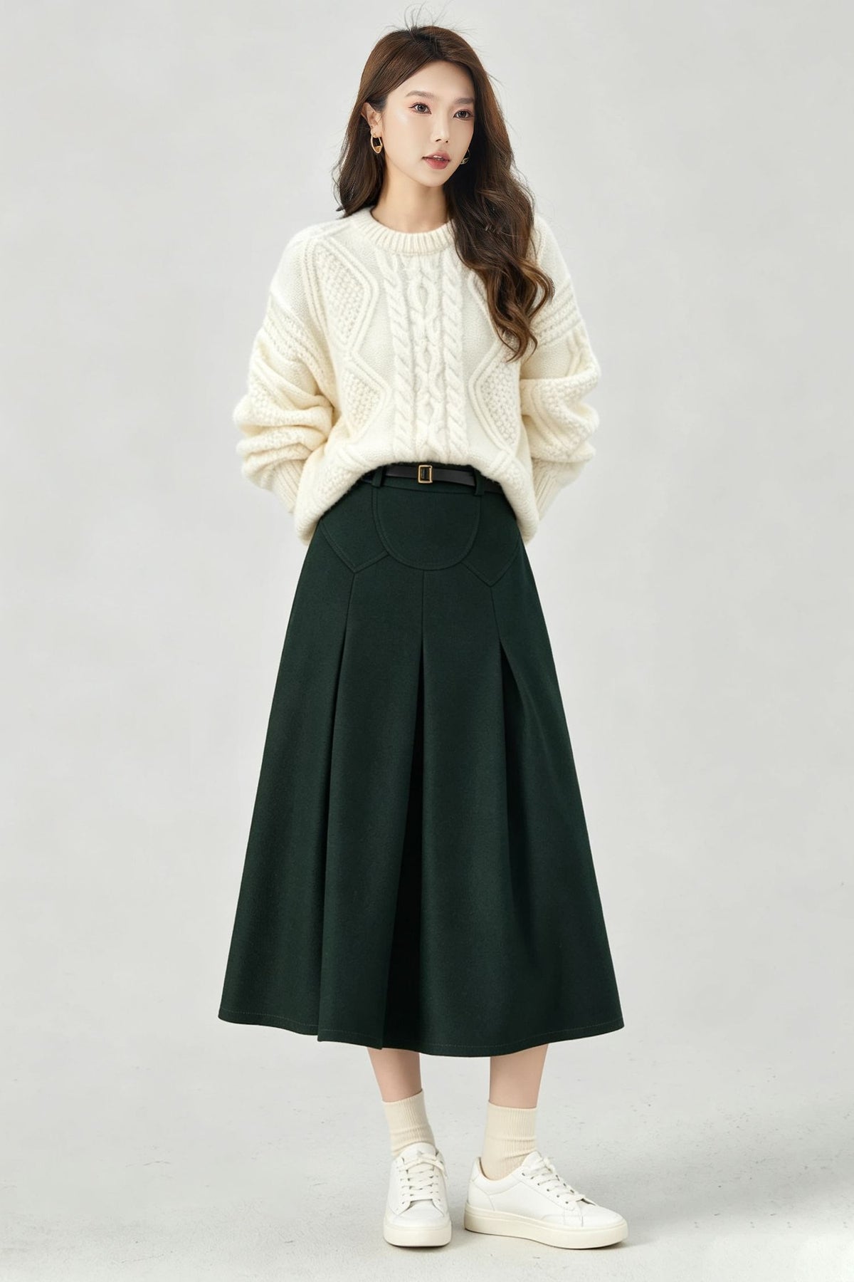 Vintage Dark Green Wool Swing Midi Skirt - High Waist A-Line Skirt 7014