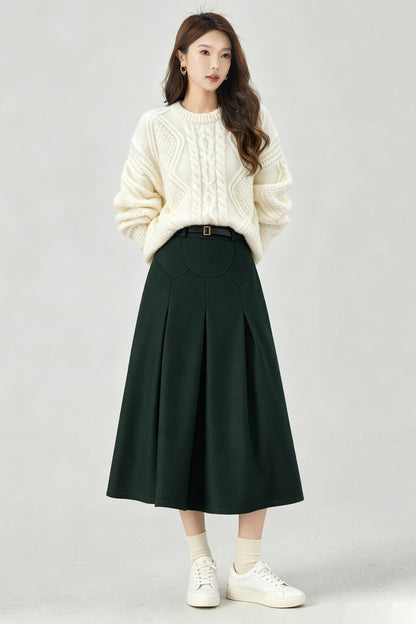 Vintage Dark Green Wool Swing Midi Skirt - High Waist A-Line Skirt 7014