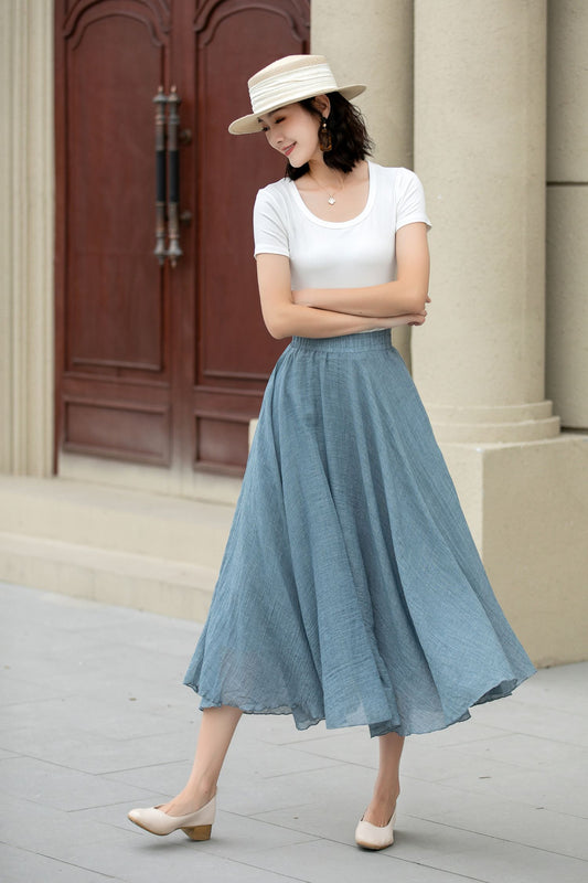 A line midi swing summer linen skirt 5150