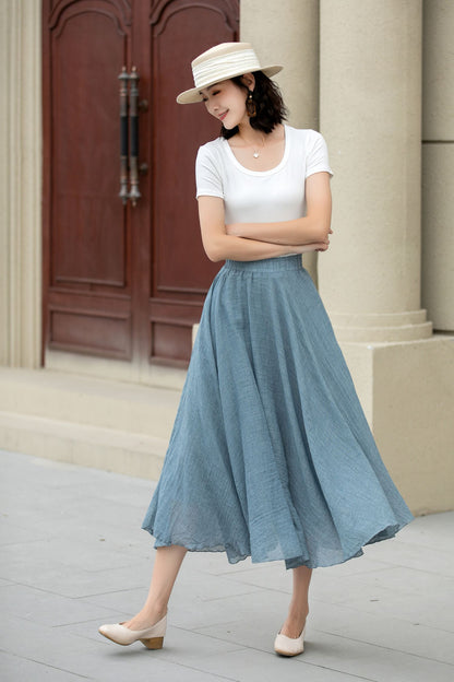 Blue Linen Cotton Midi Skirt - A-Line Swing | Xiaolizi 5150