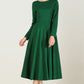 Green Wool Fit & Flare Long Dress Women 2436