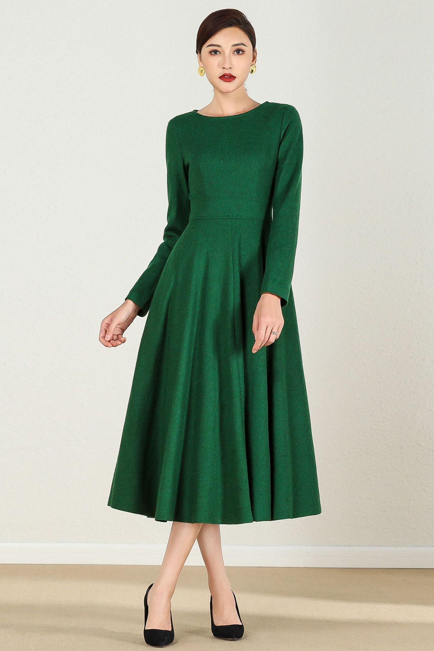 Emerald Green Wool Midi Dress – Handmade Fit & Flare