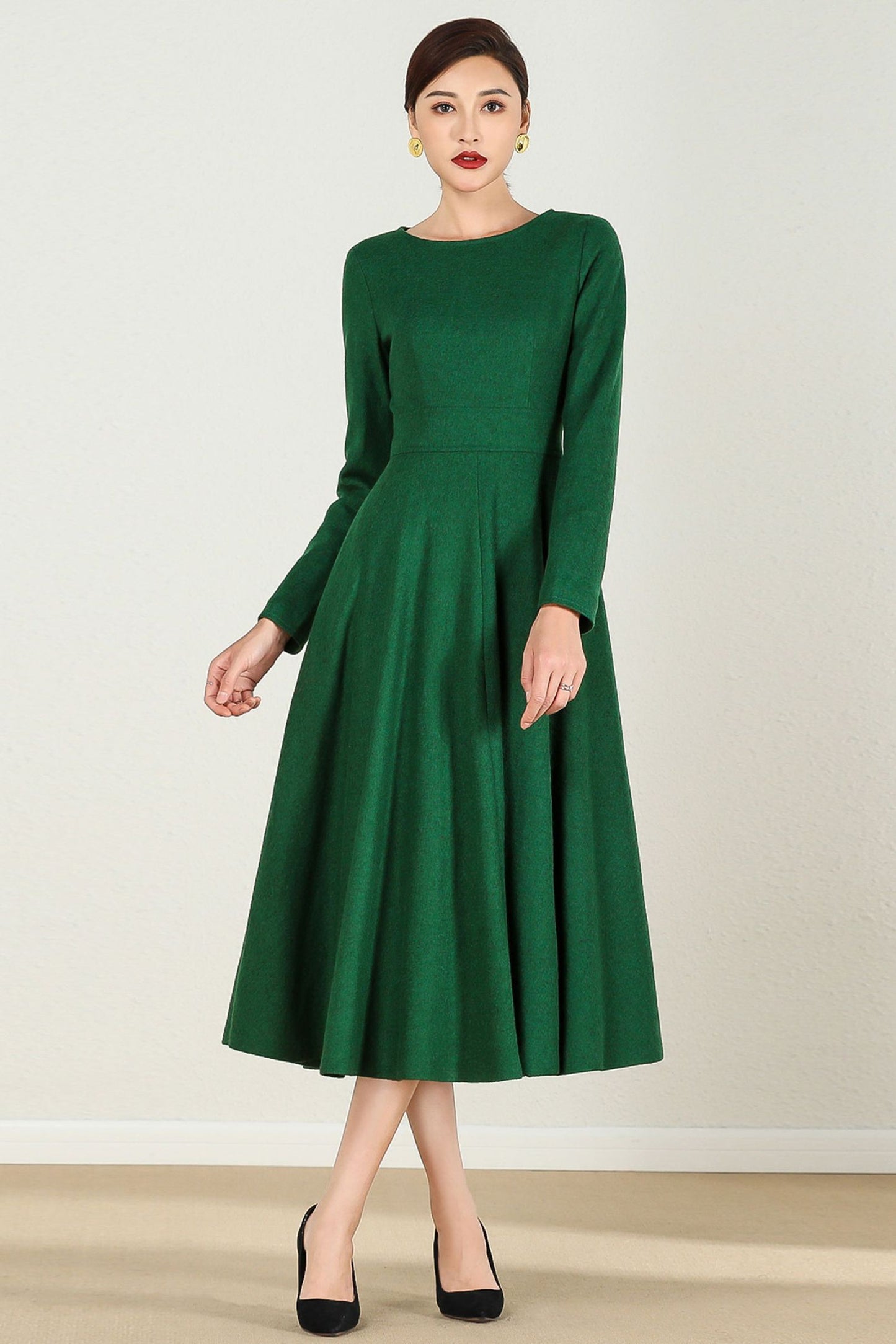 Green Wool Fit & Flare Long Dress Women 2436