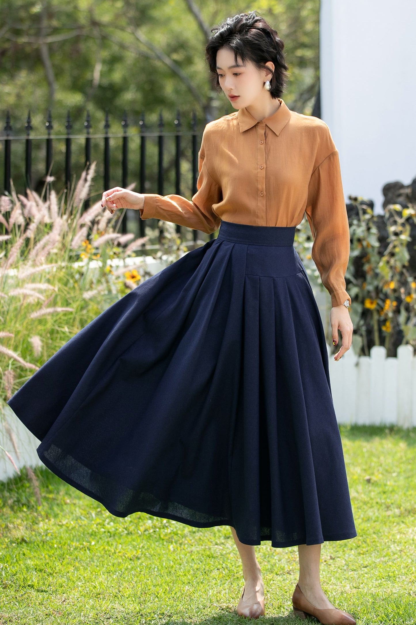 Deep Navy Linen Cotton Midi Skirt High Waist | Xiaolizi 6736- Size XS #CK2600283