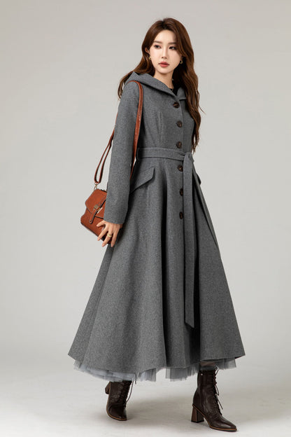 Gray Wool Blend Long Coat - Hooded Tie Belt Fitted | Xiaolizi 5481