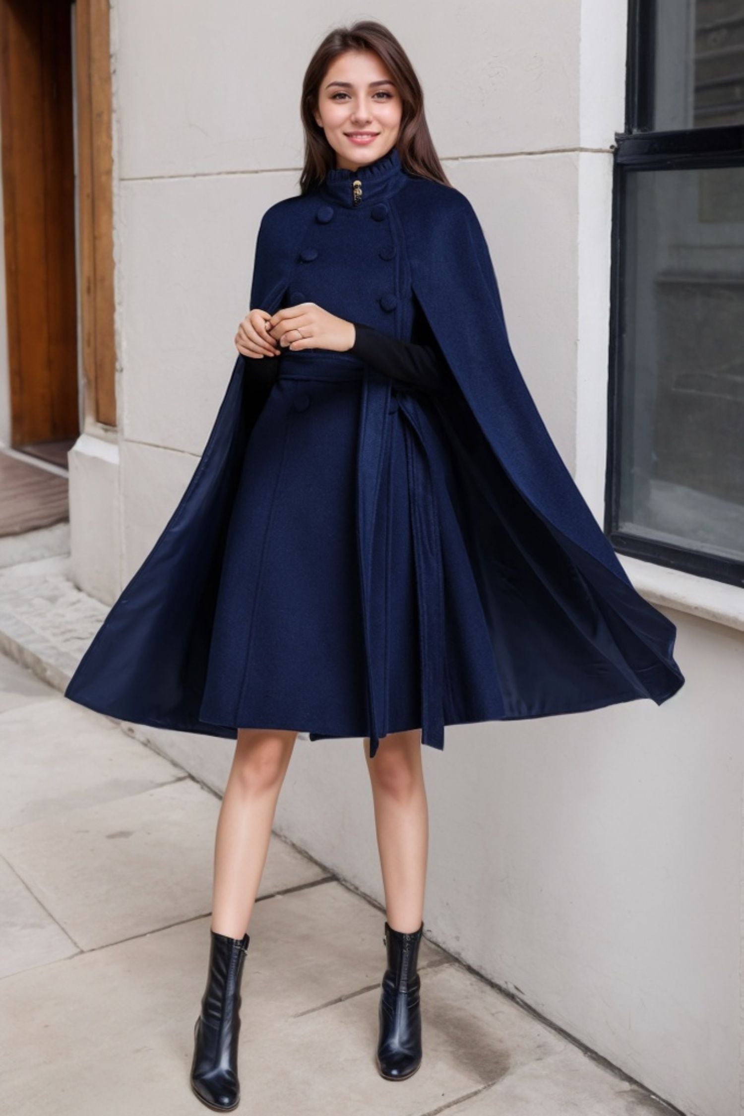 Stand Collar Wool Cape Coat