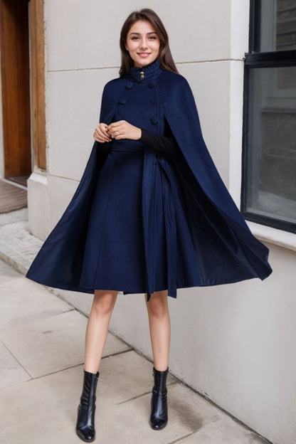 Blue Wool Cape Coat – Women’s Elegant Stand Collar Winter Cloak 2487