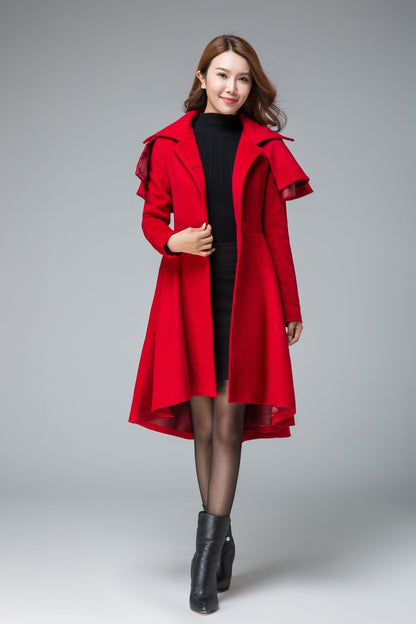 Handmade Red Wool Cape Coat – Vintage High-Low Winter Overcoat with Detachable Cape | Xiaolizi 1848