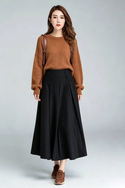 Black Wool Pleated Midi Skirt-High Waist A-Line Long Skirt for Women 7011