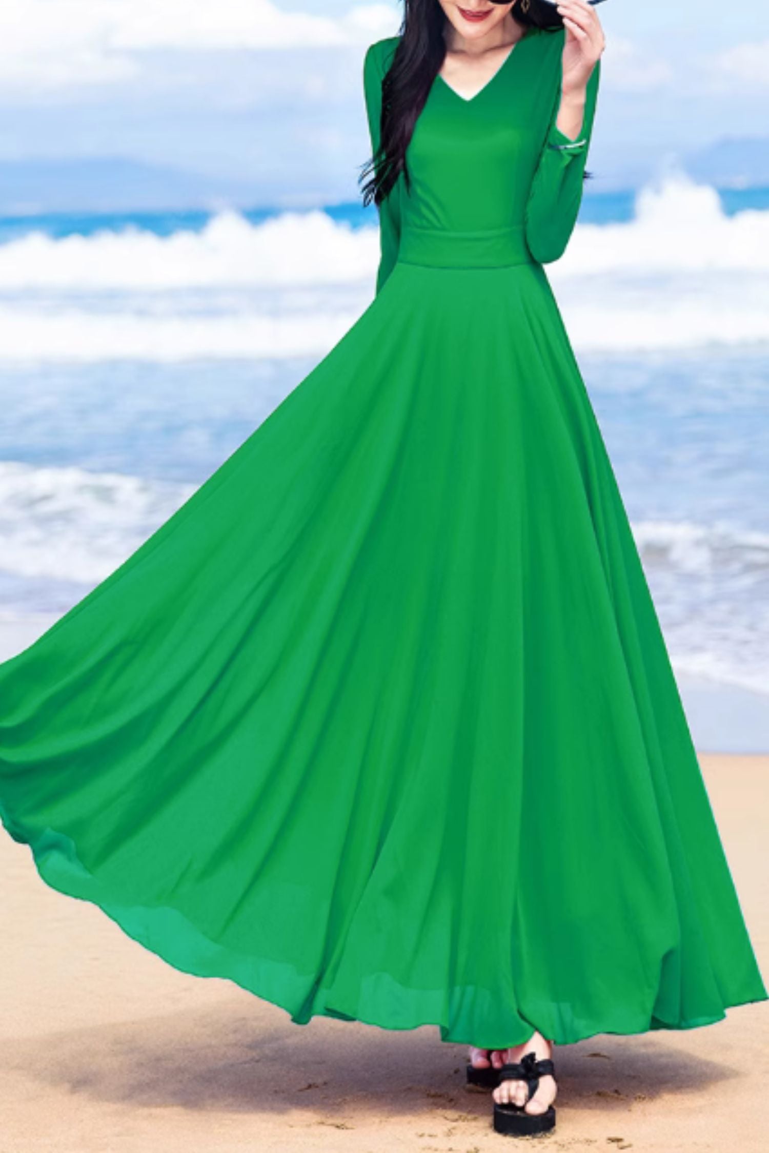 Blue Chiffon Maxi Dress with A-Line Silhouette and V-Neck – Xiaolizi