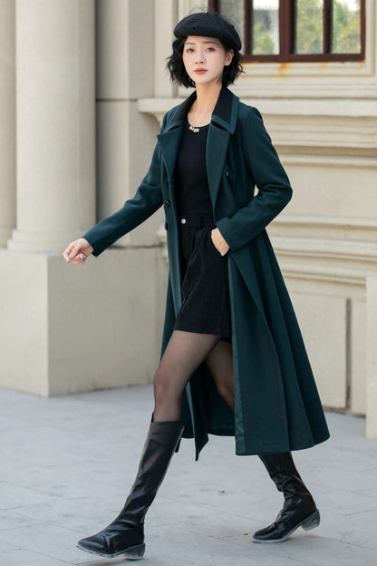 Dark Green Wool Fit and Flare Coat - Double Breasted, Fitted Waist 5462