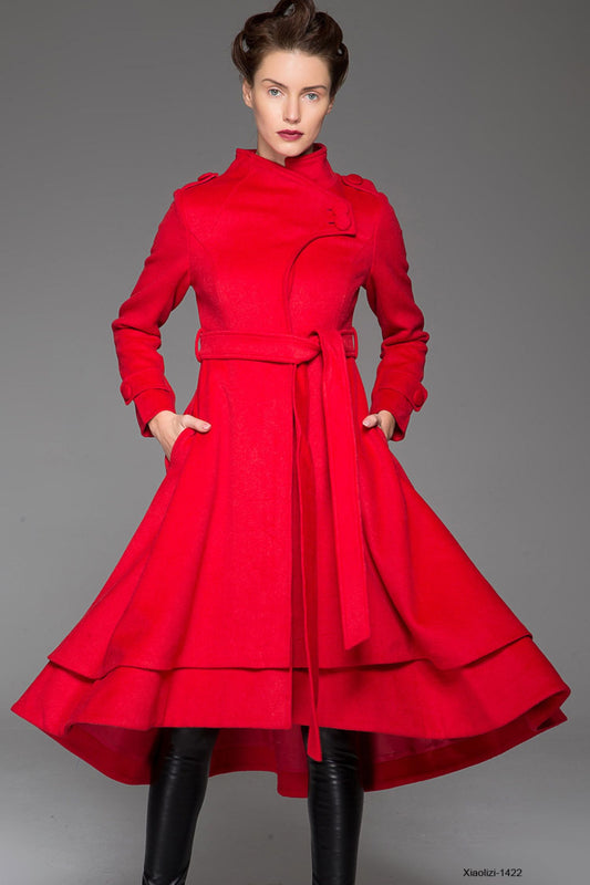 Red wool coat maxi women coat winter coat 1422#