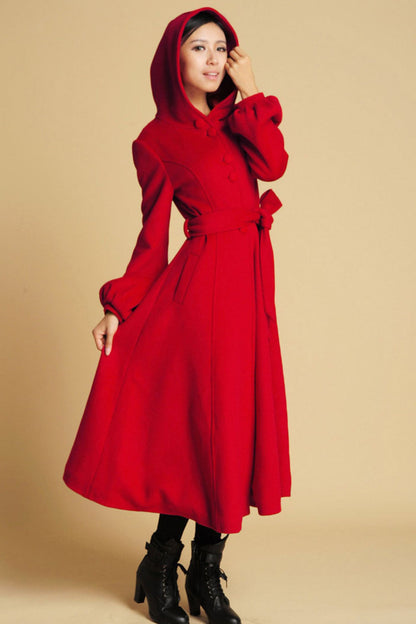 Red Wool Hooded Swing Coat – Vintage Fit & Flare Winter Overcoat with Belt 0394