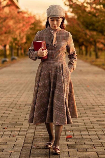 Plaid Wool Fit & Flare Dress - Knee Length Long Sleeve | Xiaolizi 4080