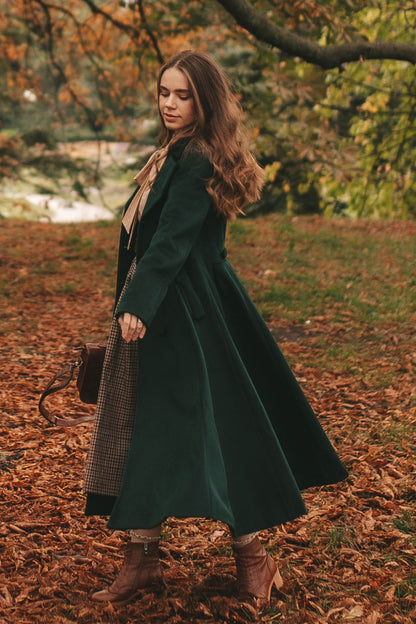 Army Green Wool Maxi Coat - Pleated Flare Double Breasted 3160