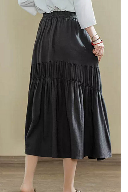 Dark Grey Linen Midi Skirt - Elastic Waist Tiered Design 4350