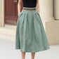 Pleated green midi summer linen skirt 4958